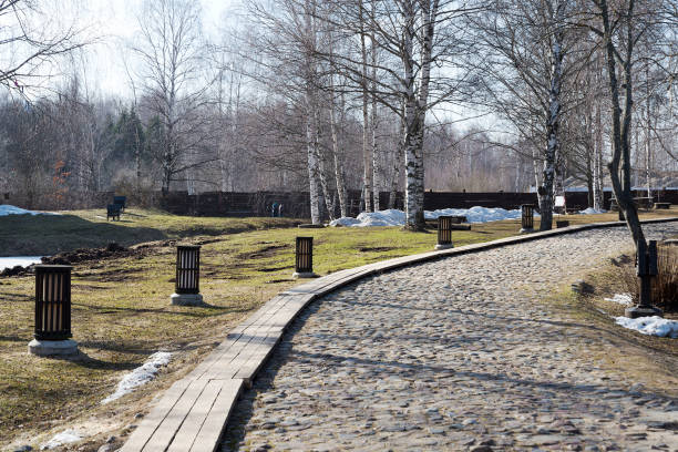 Cobbled road in the countryside on a spring day.