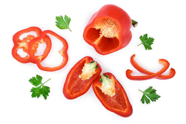 istock red sweet bell pepper isolated on white background. Top view. Flat lay 1125835864