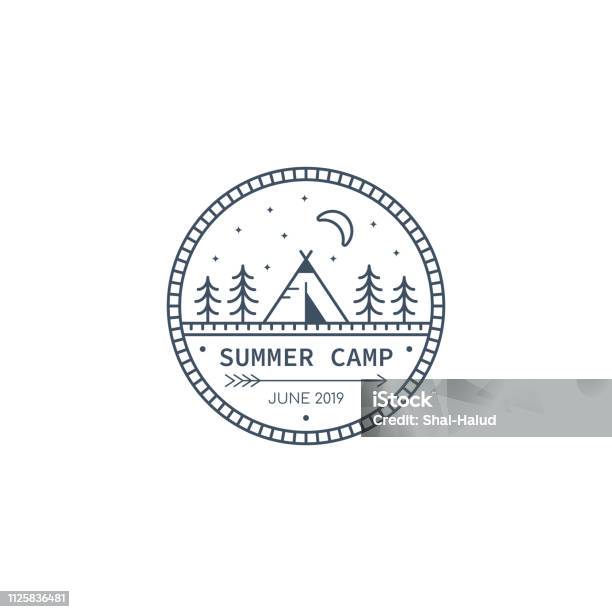 Ilustración de Insignia De Campamento De Verano y más Vectores Libres de Derechos de Camping - Camping, Tienda de campaña, Logotipo