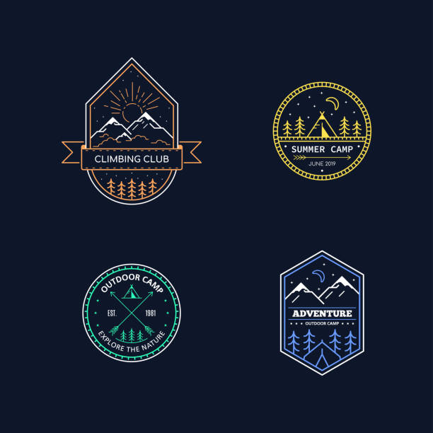 Outdoor activities set Set of badge design for outdoor activities. Line art illustration. Mountain expedition, outdoor camp, wilderness, nature adventure. sports training camp stock illustrations