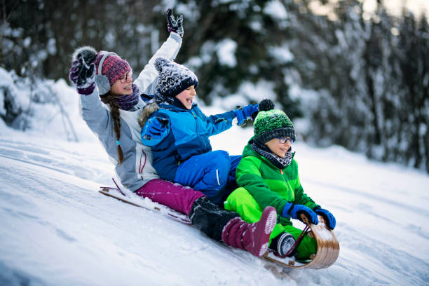 niños trineo en bosque del invierno. - deslizarse en trineo fotografías e imágenes de stock