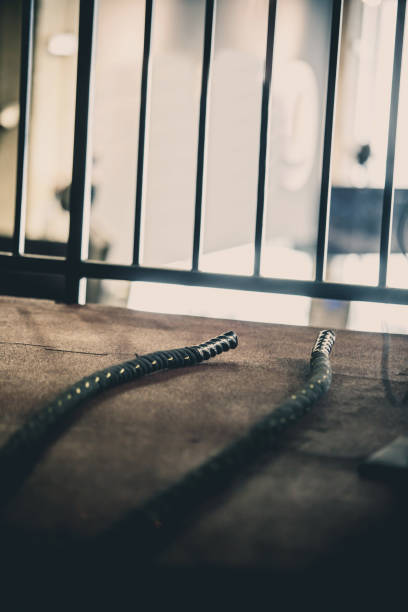 istock Battle rope lying on floor in the gym 1125838988