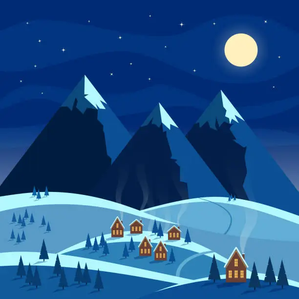Vector illustration of Winter Christmas night with mountain scenery and village.