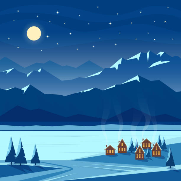 winter-mondnacht mit landschaft und gemütliche berghütten. - forrest lake lichtstimmung nebel stock-grafiken, -clipart, -cartoons und -symbole