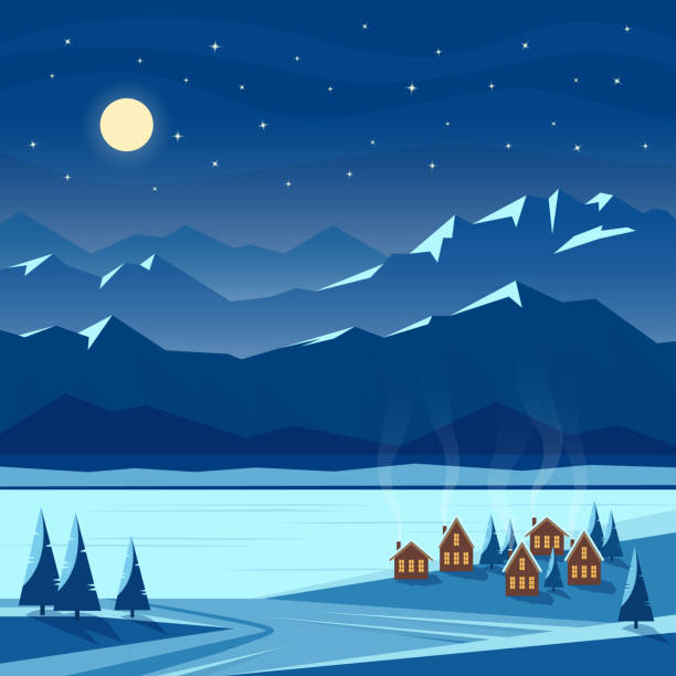 ilustrações de stock, clip art, desenhos animados e ícones de winter moon night with mountain scenery and cozy houses. - russia river landscape mountain range