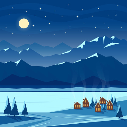 Winter night snow landscape with moon, mountains, hills, fir trees, cozy houses with lighted windows, river, lake. Christmas and new year welcoming. Flat vector illustration.