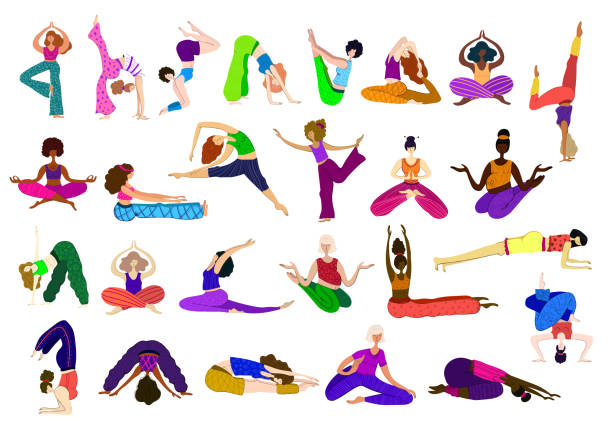 yoga-mädchen-vektor - white background yoga exercising women stock-grafiken, -clipart, -cartoons und -symbole