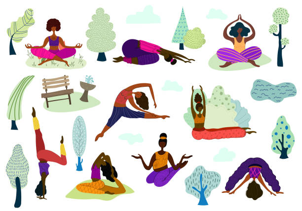 ilustrações de stock, clip art, desenhos animados e ícones de yoga in the park - white background yoga exercising women