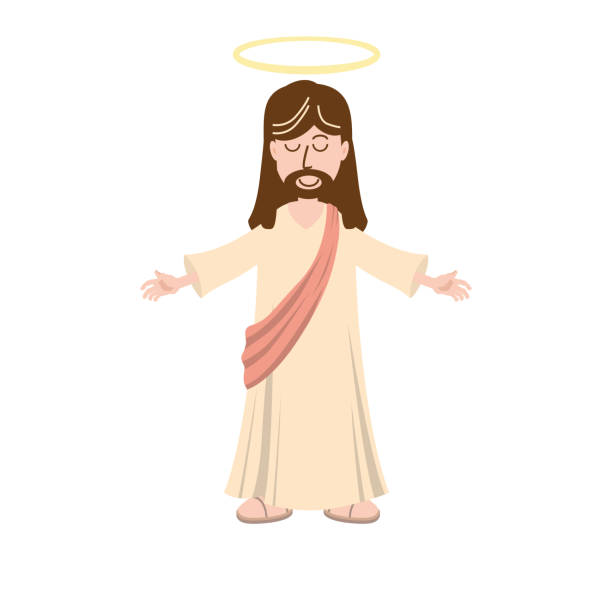 Cute God smiles with love with open arms, holy halo over head, Christianity, vector, isolated, cartoon style, white background Cute God smiles with open arms, a halo of saints above his head smile jesus loves you drawing stock illustrations