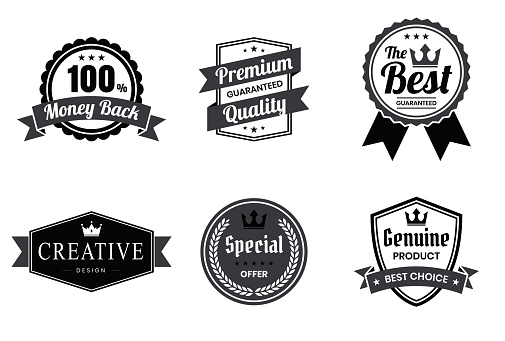 Set of 6 Black badges and labels, isolated on white background (100% Money Back, Premium Quality - Guaranteed, The Best - Guaranteed, Creative Design, Special Offer, Genuine Product - Best Choice). Elements for your design, with space for your text. Vector Illustration (EPS10, well layered and grouped). Easy to edit, manipulate, resize or colorize. Please do not hesitate to contact me if you have any questions, or need to customise the illustration. http://www.istockphoto.com/portfolio/bgblue