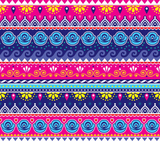 Pakistani or Indian truck art vector seamless pattern, decorative truck floral design with flowers and abstract shapes Pink and navy blue repetitive background inspired by traditional lorry and rickshaw painted decorations with flowers and swirls. Popular decor in Pakistan and India indigo truck stock illustrations