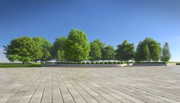 istock Empty concrete tiles with comfortable garden with blue sky 1125847277