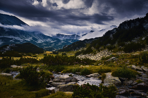 Valley and lake in the mountains at sunset. Pirin National Park, Bulgaria