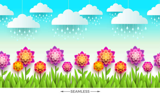 illustrazioni stock, clip art, cartoni animati e icone di tendenza di scena naturalistica con fiori, erba e nuvole. design orizzontale senza cuciture. illustrazione vettoriale. - spring may march blossom