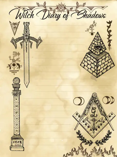 Vector illustration of Witch diary page 31 of 31 with freemasonry and secret society symbols and signs