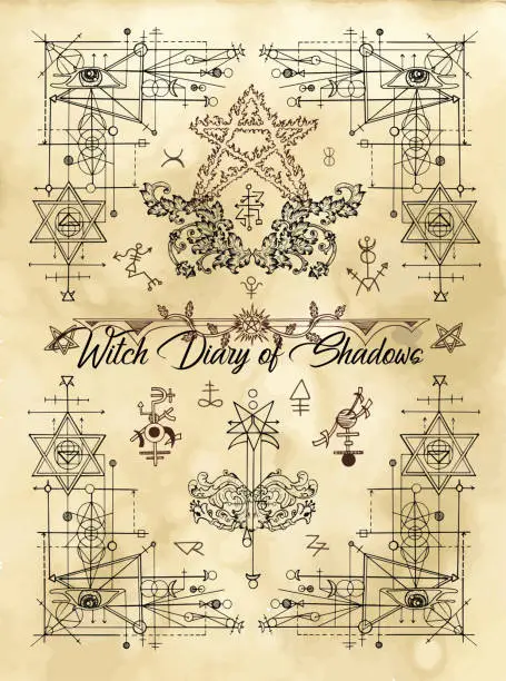 Vector illustration of Cover for Witch diary of shadows with sacred geometry and esoteric symbols and signs
