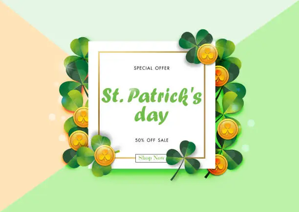 Vector illustration of Happy St. Patrick's Day Sale Off Background with Green Shamrock Leave and Gold Coin Abstract Design Vector