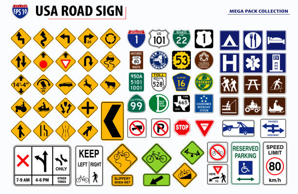 illustrazioni stock, clip art, cartoni animati e icone di tendenza di set di segnale stradale usa. facile da modificare - road street sign slippery