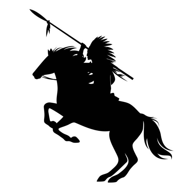 american indian chief horse rider silhouette native american indian chief with spear and feathered headdress riding a horse - black vector silhouette chiefs stock illustrations