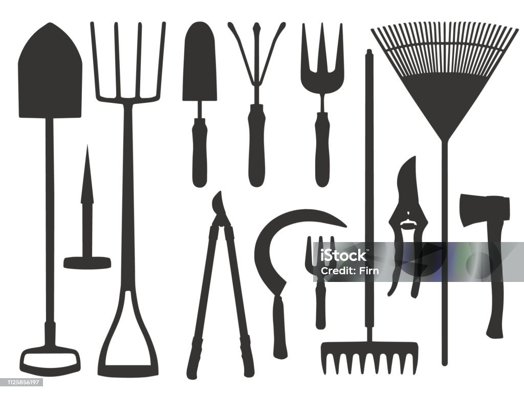 Icon vector set of different gardening tools like shovel, trovel, rake, scythe or dung fork silhouette icon set Agriculture stock vector