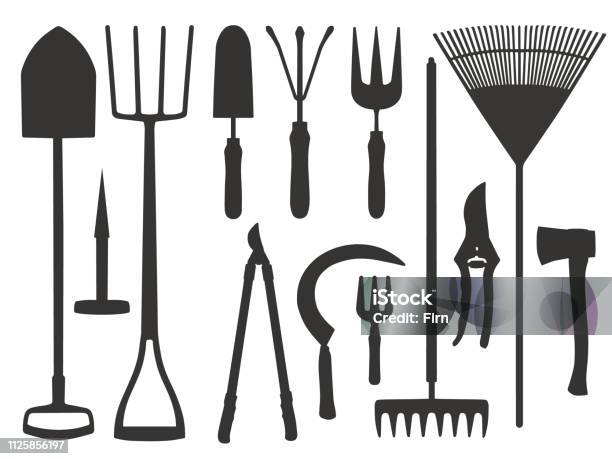 Icon Vector Set Of Different Gardening Tools Like Shovel Trovel Rake Scythe Or Dung Fork Stock Illustration - Download Image Now