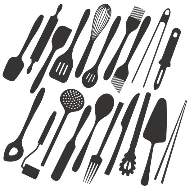 ilustraciones, imágenes clip art, dibujos animados e iconos de stock de colección de ilustración vector grande de sencillos iconos de diferentes utensilios y herramientas como cuchillería, espátula, servidor de la torta o los palillos chinos para cocinar, comer y hornear - pinzas utensilio para servir