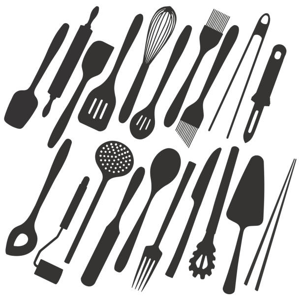 farklı mutfak gereçleri ve çatal bıçak takımı, spatula, pasta sunucu veya yemek, yemek ve pişirme için yemek çubukları gibi araçlar basit simgeler büyük vektör resim koleksiyonu - baking stock illustrations