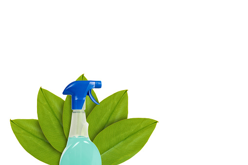 Bottle with detergent on the background of green leaves. Isolated on white. concept of natural origin, copy space template