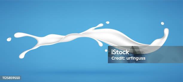 Splash Of Milk Or Cream Isolated On Blue Background Realistic Vector Illustration Stock Illustration - Download Image Now