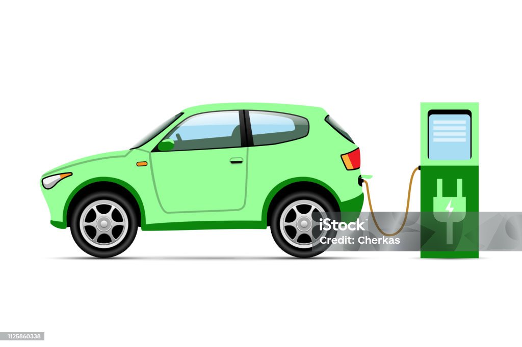 Carro de electro na estação em branco de carregamento - Vetor de Cabo royalty-free Carro de electro na estação em branco de carregamento - Vetor de Cabo royalty-free