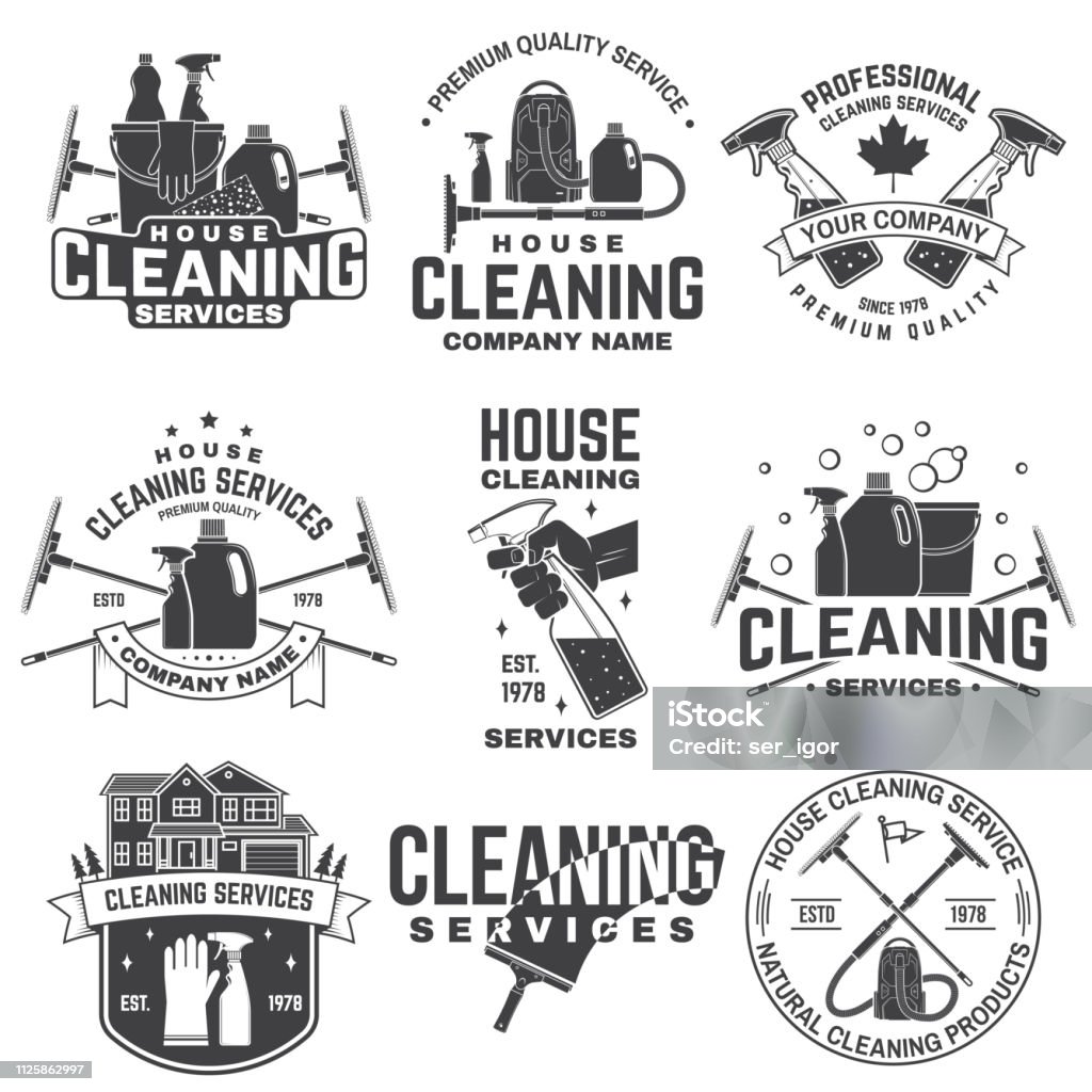 Schoonmaak bedrijf badge, embleem. Vectorillustratie. Concept voor shirt, stempel of tee. Vintage typografie design met het schoonmaken van uitrustingen. Schoonmaak dienst teken voor bedrijf gerelateerde zaken - Royalty-free Schoonmaken vectorkunst