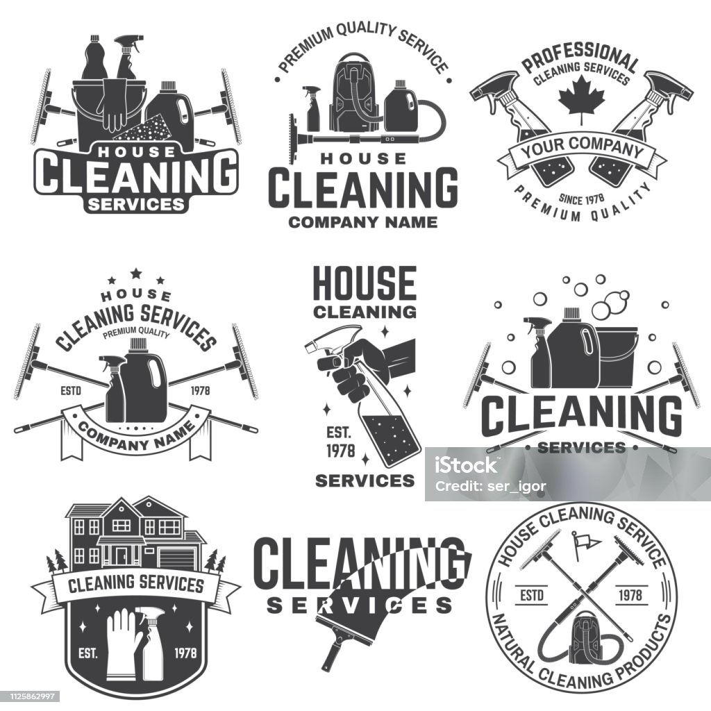 Cleaning company badge, emblem. Vector illustration. Concept for shirt, stamp or tee. Vintage typography design with cleaning equipments. Cleaning service sign for company related business Cleaning company badge, emblem. Vector illustration. Concept for shirt, print, stamp or tee. Vintage typography design with cleaning equipments. Cleaning service sign for company related business Cleaning stock vector