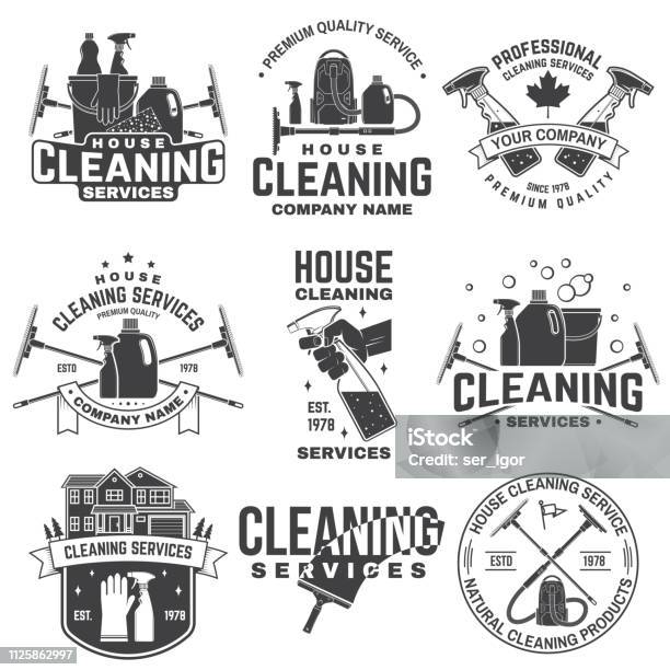 Cleaning Company Badge Emblem Vector Illustration Concept For Shirt Stamp Or Tee Vintage Typography Design With Cleaning Equipments Cleaning Service Sign For Company Related Business Stock Illustration - Download Image Now