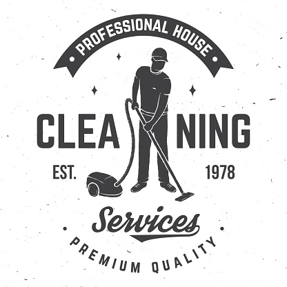 Cleaning company badge, emblem. Vector illustration. Concept for shirt, print, stamp or tee. Vintage typography design with man and Vacuum Cleaner. Cleaning service sign for company related business