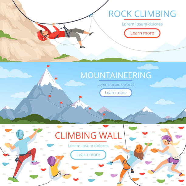 등산 사진입니다. 로프 carabiner 헬멧 되 요 언덕 사람들이 극단적인 스포츠 벡터 배너 템플릿 텍스트에 대 한 장소 - rockie mountains 이미지 stock illustrations
