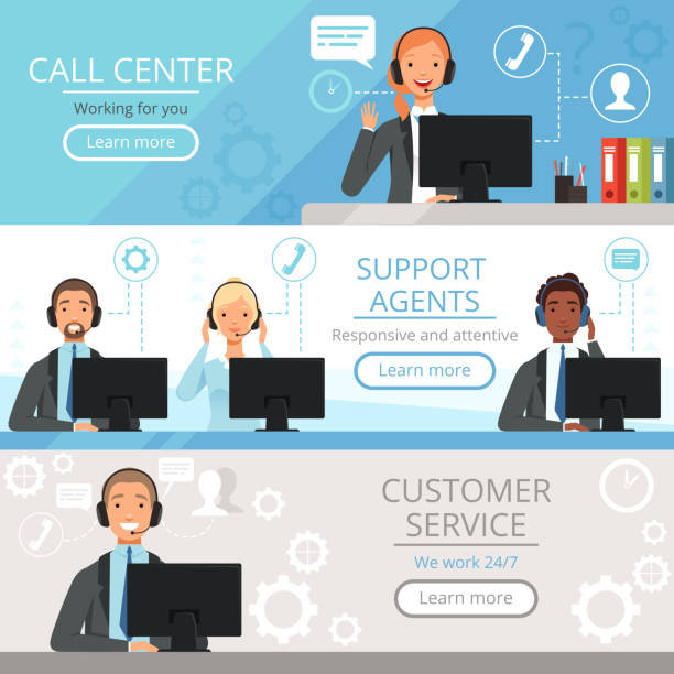 Call center banners. Support agents characters customer service phone helping operators vector cartoon illustrations Call center banners. Support agents characters customer service phone helping operators vector cartoon illustrations. Support assistance, help service hotline background stock illustrations