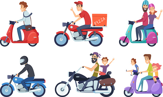Motorcycle driving. Man rides with woman and kids postal food pizza deliver vector characters cartoon. Man and woman transportation on bike illustration