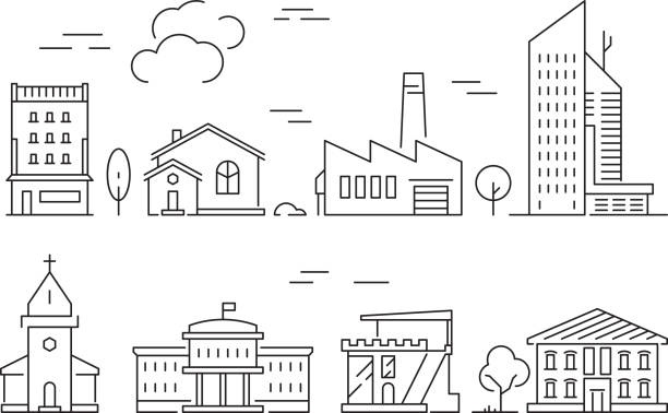 Urban buildings icon. Houses living rooms villa exterior suburban vector linear symbols isolated Urban buildings icon. Houses living rooms villa exterior suburban vector linear symbols isolated. Illustration of building city, house cityscape outline house outline stock illustrations