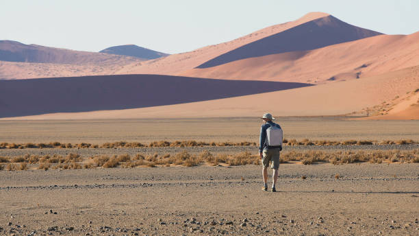 istock Magic hour at Namibian sandy dunes. Traveler exploring wilderness 1125867046