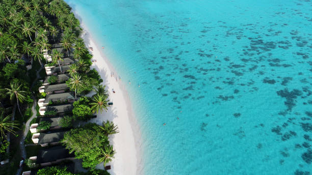 istock beach with water bungalows at Maldives 1125869073