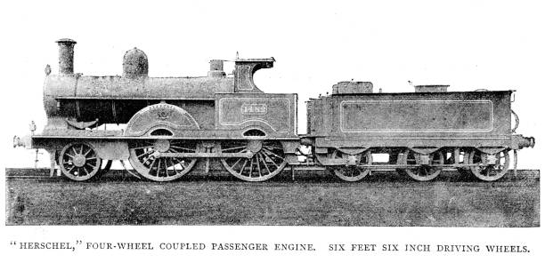 istock Victorian black and white engraving of a four-wheel coupled passenger engine 