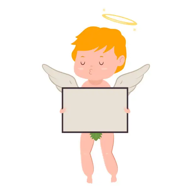 Vector illustration of Cute cupid with board blank sign. Valentine's Day vector cartoon amur character with angel wings and halo isolated on white background.