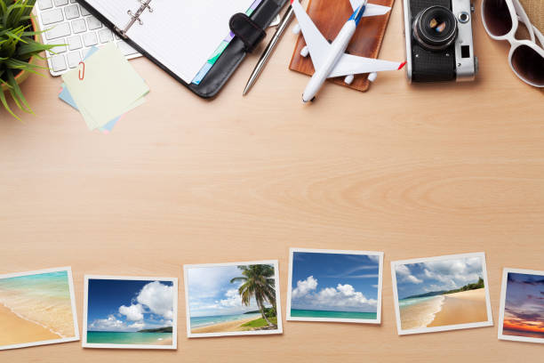 istock Business trip concept. Accessories on desk table 1125870534
