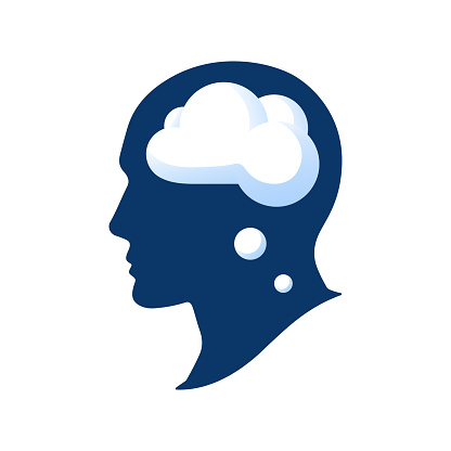 Silhouette of a head with a cloud vector illustation isolated on white background. Thought in the head of man. Cloud in human head