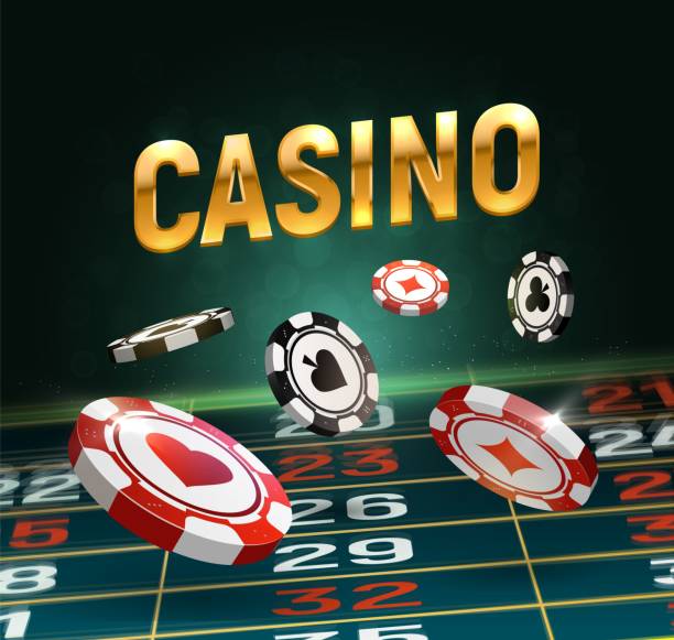 Online casino vector illustration. Black and red chips falling on gaming table with golden text on dark background. Online casino vector illustration Black and red chips falling on gaming table with golden text on dark background situs game online poker stock illustrations