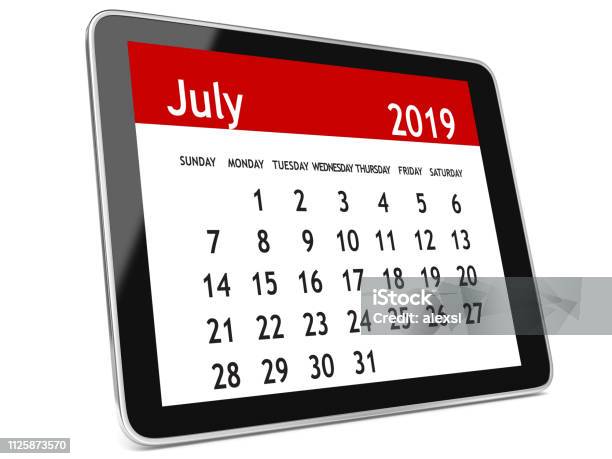 July 2019 Calendar Tablet Stock Photo - Download Image Now - Calendar, July, 2019