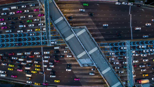 istock Gate for expressway fee payment, Aerial view car at gate for expressway fee payment. 1125876795