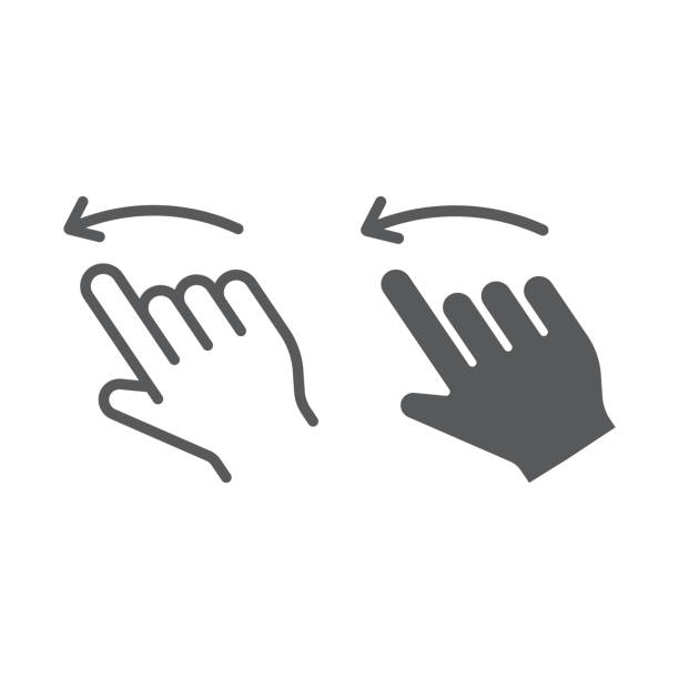 illustrazioni stock, clip art, cartoni animati e icone di tendenza di scorrere la linea sinistra e l'icona del glifo, l'azione e la mano, il segno dei gesti, la grafica vettoriale, un motivo lineare su uno sfondo bianco. - left handed