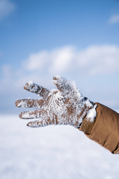 istock Close-up of a hand covered with snow on a cold winter day. 1125880068