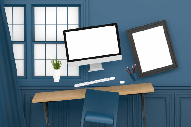 istock Zero Gravity Workplace with Blank Screen Monitor and Frame in modern interior 1125881932